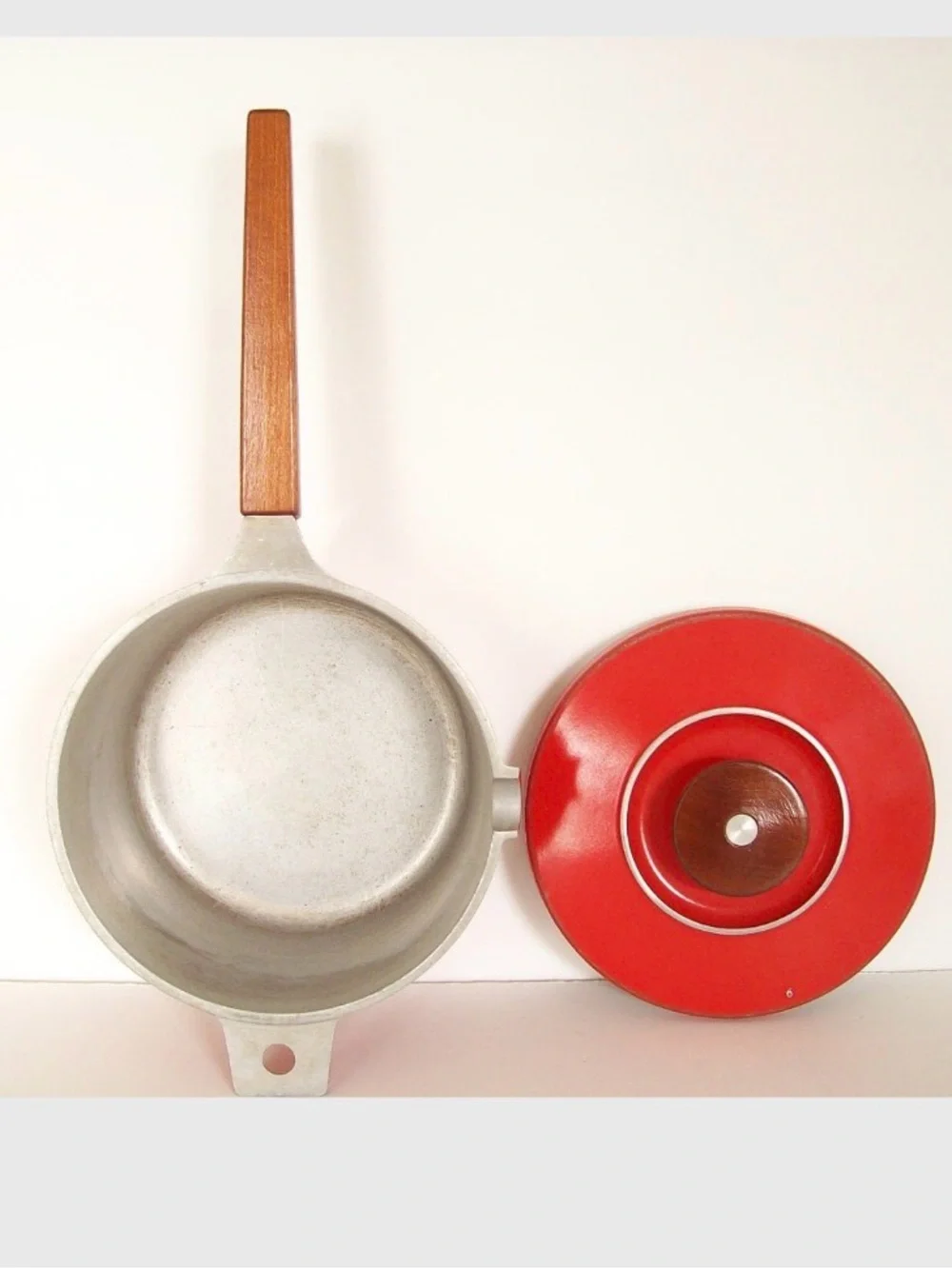 MID-CENTURY MODERN Red Saucepan with Teak Wood Handles MCM Vintage Cookware Pot